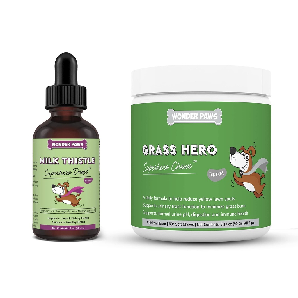 WONDER PAWS Melk Thistle Drops Plus Grass Hero Soft Chews - for hunder Liver og nyre støtte, Detox & Urin Tract Health - Melk Thistle 2 Ounces - Grass Hero 60 Chews