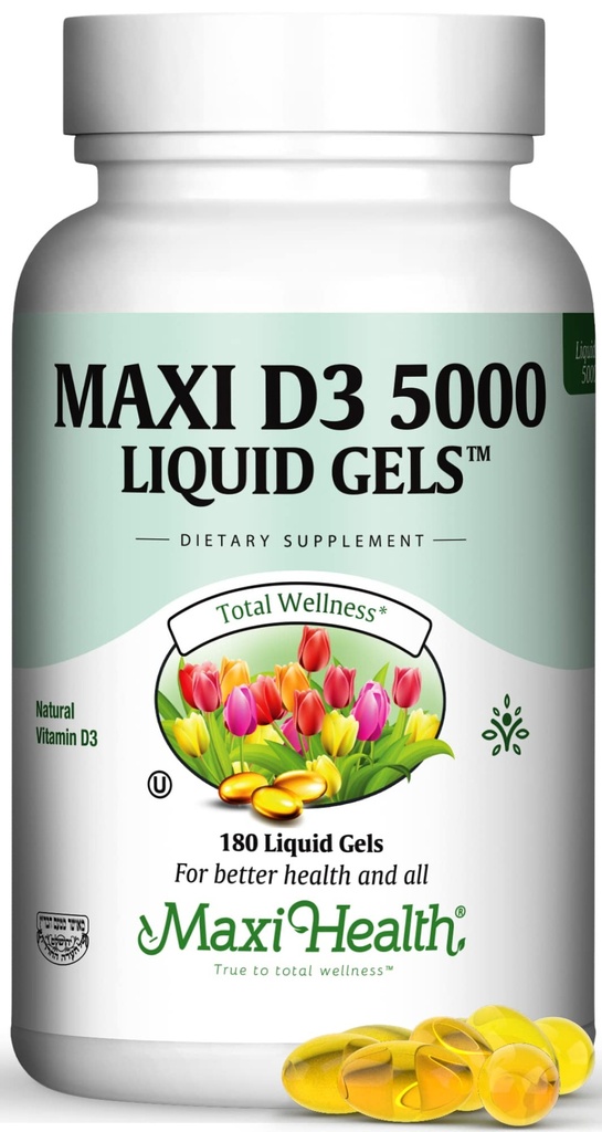 Maxi helse D3 5000 flytende gels - naturlig vitamin D3 - ernæringstilskudd - 180 kapsler - Kosher