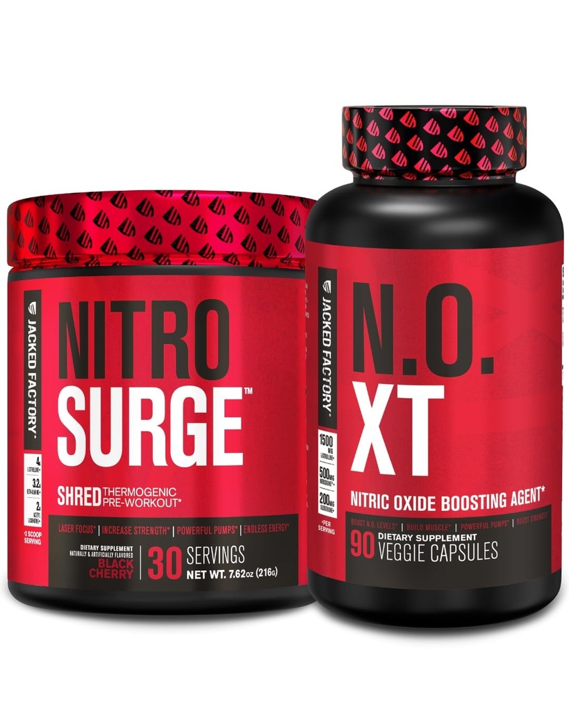 Jacked Factory Nitrosurge Shred Thermogenic Forarbeid i svart Cherry & N.O. XT Nitric Oxid Booster for menn og kvinner