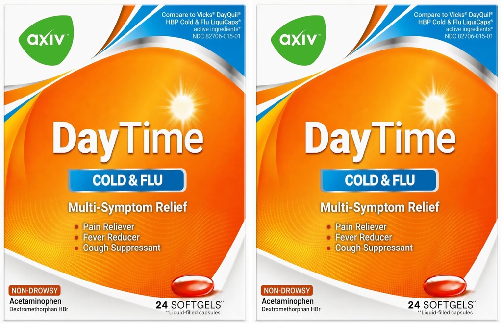 AXIV Daytime Cold & Flu Medicine Non-Drowsy Softgels, 24 Count (2 Pack)
