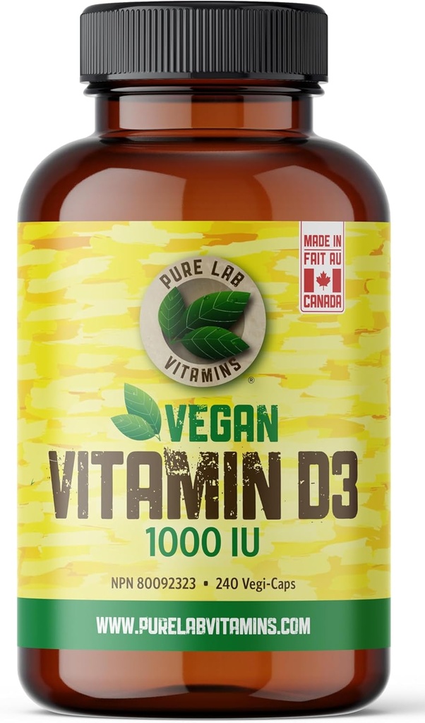 Pure Lab Vitaminer Vegan vitamin D3 1000IU, 240 Vegi-kapsler laget i Canada