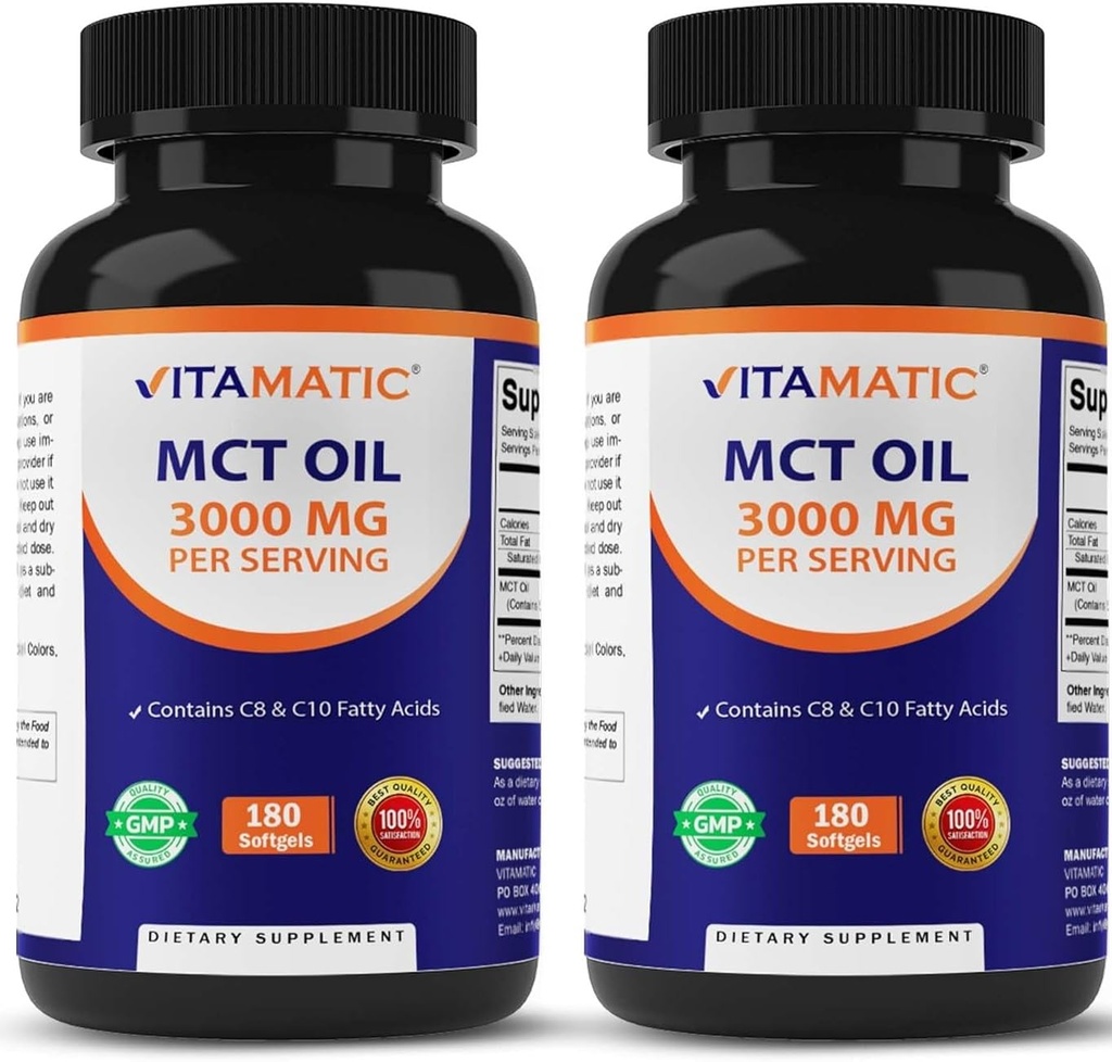 Vitamatic 2 Pakker MCT oljekapsler 3000 mg per servering - 180 Softgels - fra kokosolje - inneholder 55% kaprylsyre C8 og 40% capricsyre C10 (Total 360 Softgel)