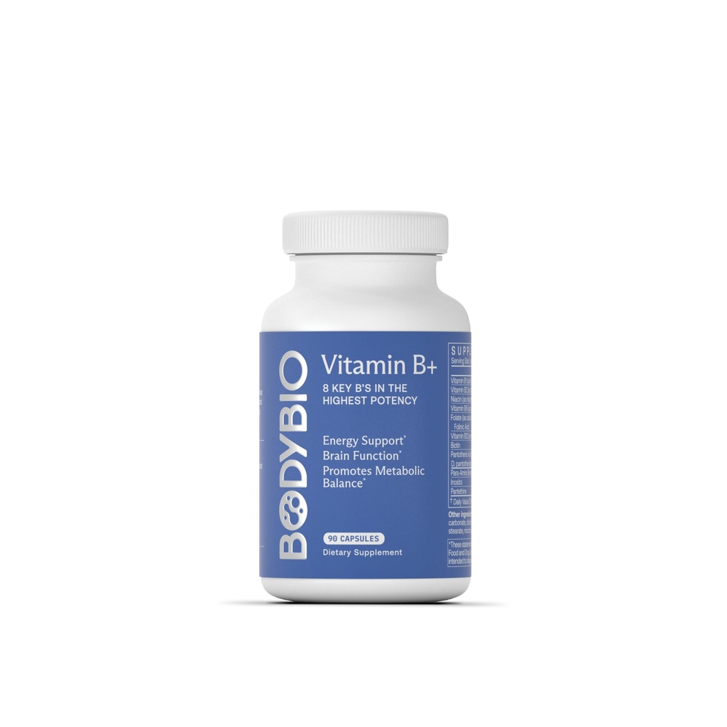 BodyBio - Vitamin B kompleks inkludert B1, B2, B3, B5, B6, Metyl B12, Folinsyre, 5-MTHF og B7 til å støtte varsling, metabolisme og immunsystem, 90 kapsler