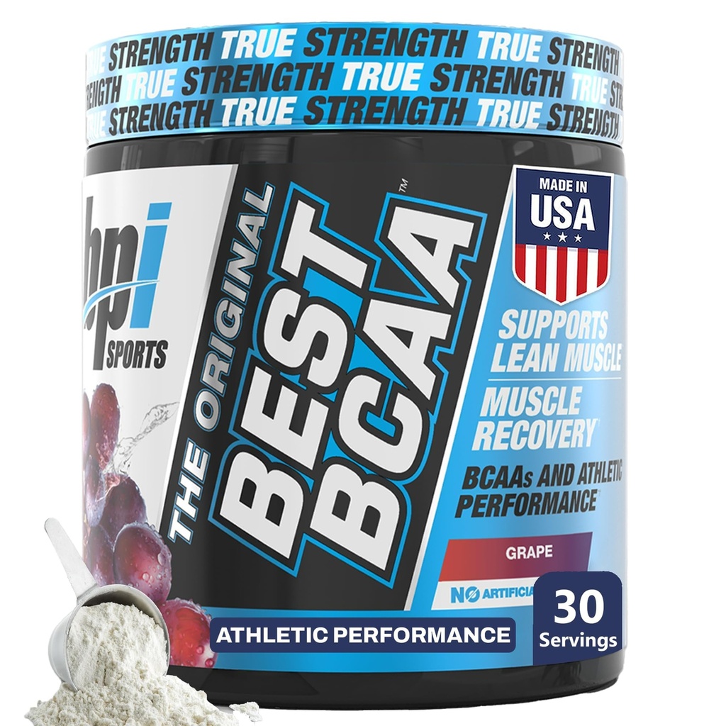 BPI Sports Best BCAA pulver - Muskelgjenvinningsstøtte - Branched kjede Aminosyrer | Building blokker av protein og muskel - Post trening gjenoppretting – Hydration - Grape, 30 Services