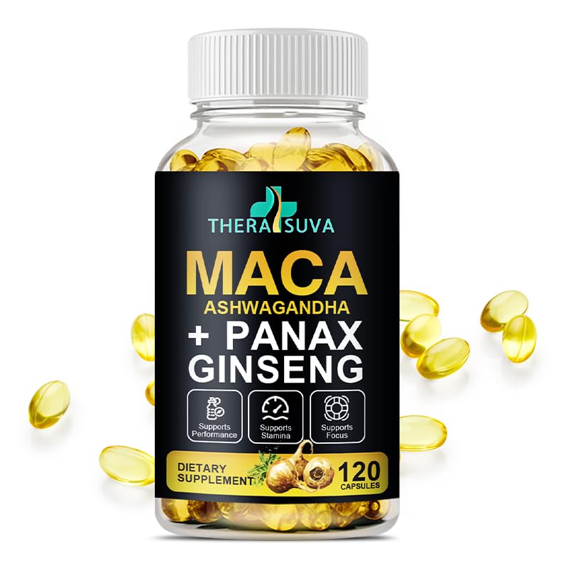 3 i 1 Ashwagandha + Maca Root + Panax Ginseng - Naturlig kosttilskudd for energi, utholdenhet og stress støtte, 120 Softgels