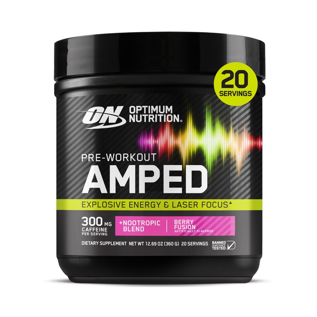 Optimal ernæring Amped Pre Workout, med Citrullin, Beta-Alanin, Nootropics og 300 mg koffein for energi, Berry Fusion, 20 serveringer (Packing May Vary)