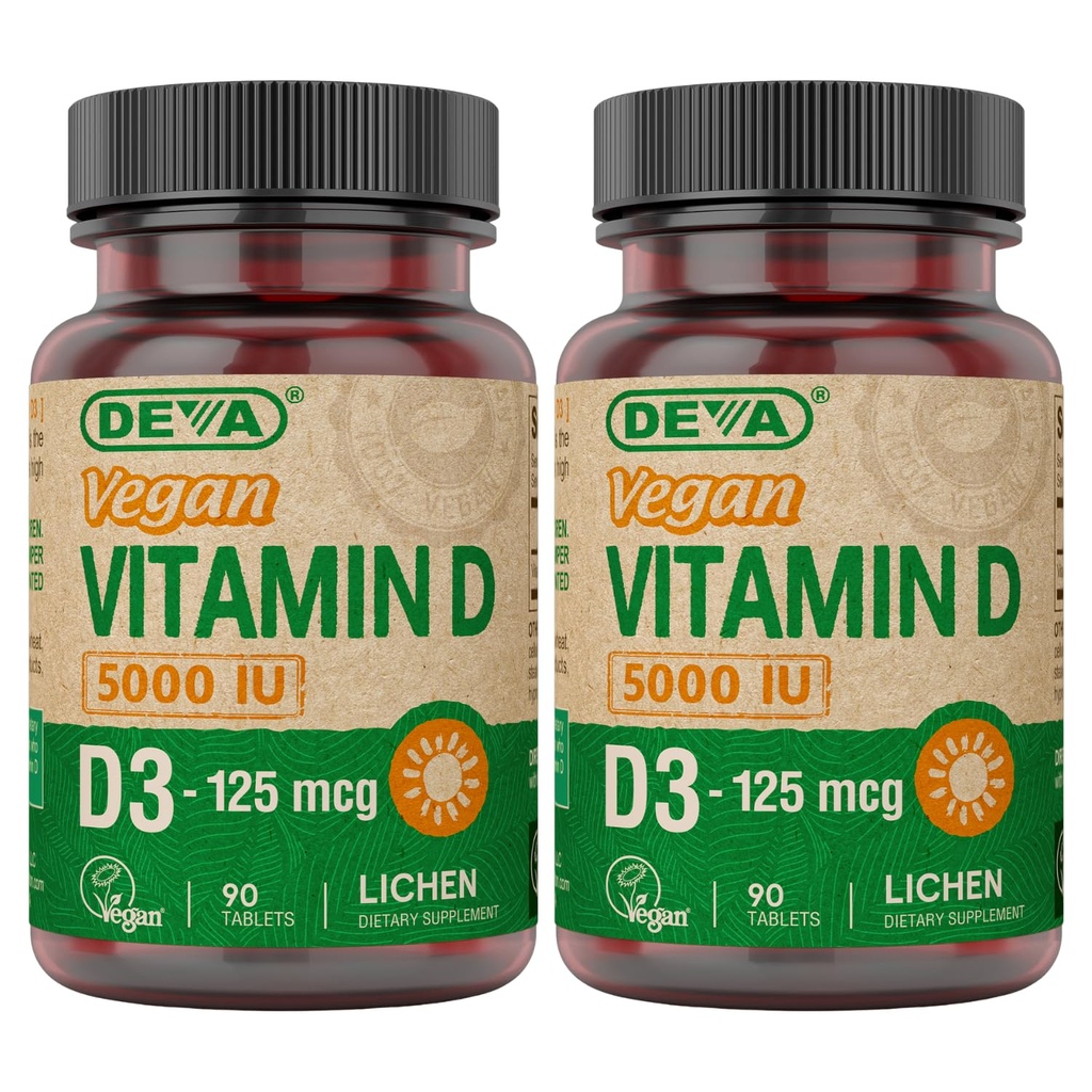 DEVA Vitamin D3 5000 IU, Sunshine Supplement, 125mg Vegansk D3, 90-talls flaske (pakke på 2)