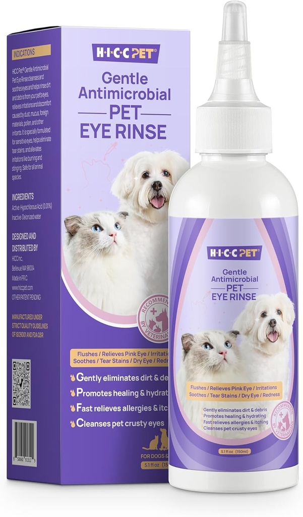 HICC PET Hunde Øye Dropper 5.1 fl oz Øyedråper for hunder og katter Vet-Recommended Dog Eye Infeksjonsbehandling til Soothe Infeksjon Allergi, Relieve tørre øyne rosa øyne, Pet Tear Stain Cleaner