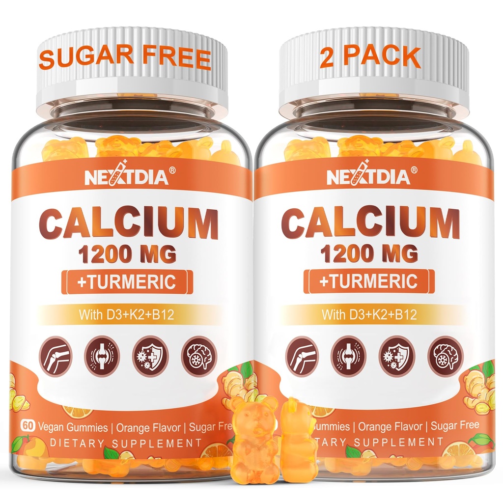 Kalsium 1200 mg med vitamin D3 Gummies - Kalsium + gurkemeie Supplement for kvinner og menn med vitamin K2 B12 - støtte bein og muskler - sukker gratis - Vegan (120 greve)