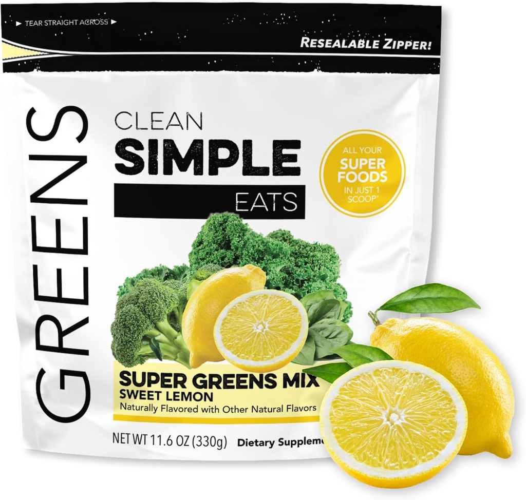 Clean Simple spiser Super Greens pulver, naturlig flavored Greens pulver med klorella, Spirulina, Superfoods & Prebiotic Fiber, Ingen kunstige ingredienser, Glutenfri, søt sitronflavor, 30 serveringer