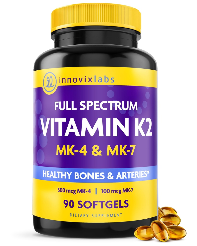InnovixLabs Full Spectrum Vitamin K2-90 Softgels med 600 mHg Trans Form MK7 og MK4 - Støtter generell helse og beinstyrke - Soja og Glutenfri K2 vitamin Supplement