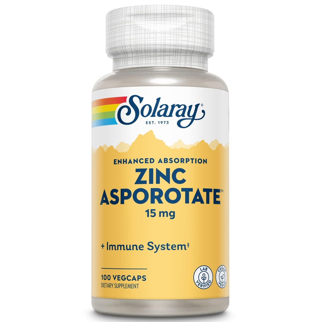 Solaray Zinc Asporotate 15 mg Chelated Complex 中 Immun & Endokrine Support, Cell & Hud Helse Formula, 100 Vegkaps