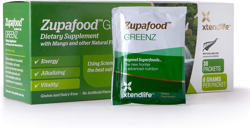 Xtendlife Zupafood GREENZ pulver - Organic Greens pulver Superfood Detox Juice blanding med Spirulina / Hvetegras for Gut Helse, Naturlig detoksifisering og sterk immunitet | 30 pakker (Vegan & Glutenfri)