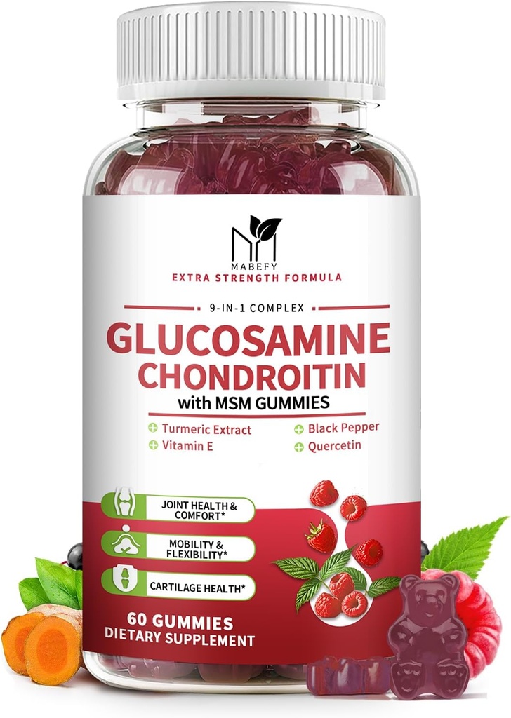 Glukosamin Chondroitin Gummies trippel styrke (1000mg glukosamin, 750mg Chondroitin) med MSM, Turmeric, Quercetin, vitamin E, felles støtte supplement, antioksidant 60 Gummies bringebær flavor
