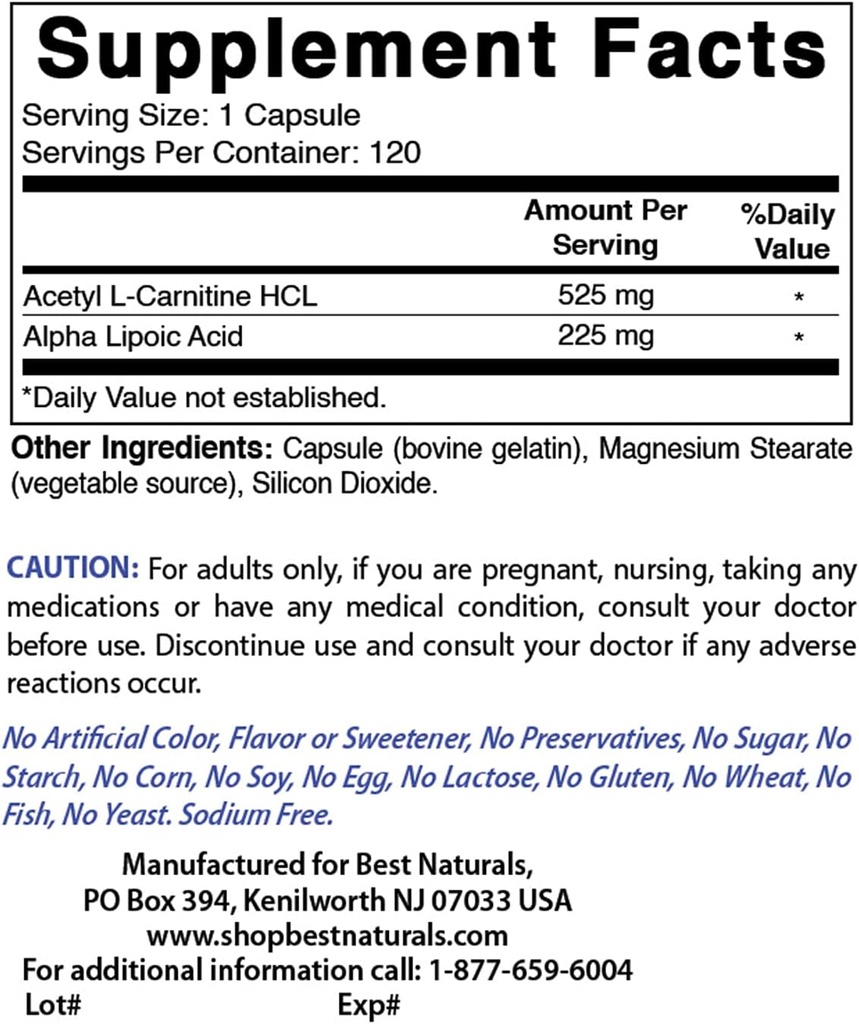 Beste Naturals Acetyl L-karnitin og Alfa Lipoic Acid 750 mg og sink gluconat 50 mg