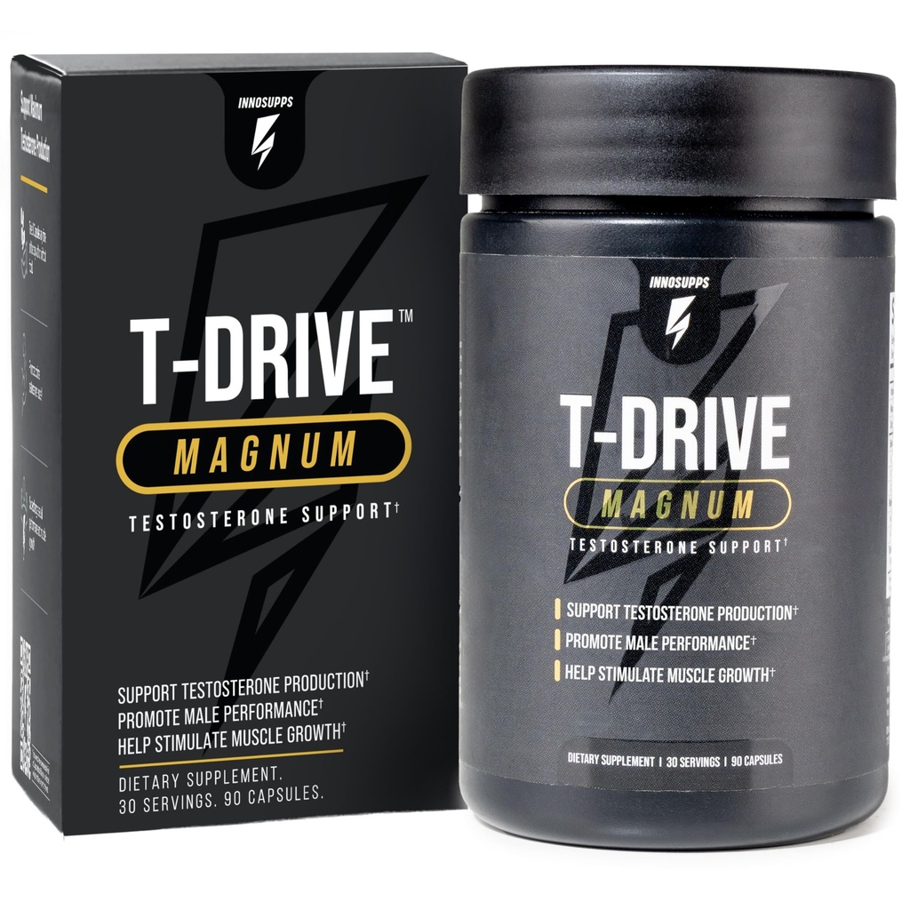 InnoSupps T-Drive Magnum Testosteron Booster Forbedre Peak ytelse forsterke muskelvekst, øke Libido & energi nivåer, Horny Goat Weed Tongkat Ali, sink, fenugreek, fettforbrenner 90 Caps / 30 dager