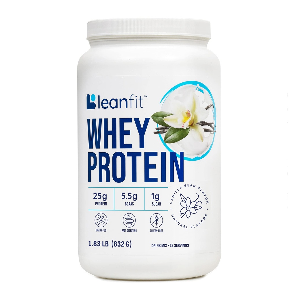 LeanFit WHEY Protein Natural Vanilla – 100% Whey Protein Powder, 24g Protein Per Serving – Grass-Fed, Glutenfri, Lavkarbohydrat, BCAA, Aminosyre – 23 Serveringer, 1,83 Pound Tub
