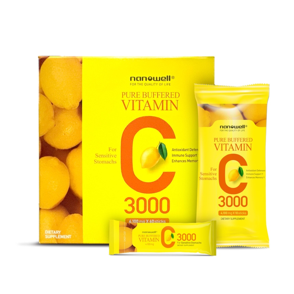 NANOWELL ren buffert vitamin C 3000 mg per servering, kosttilskudd for immunsupport - 60 Sticks x 1 boks, 2 måneders forsyning (60 Count)