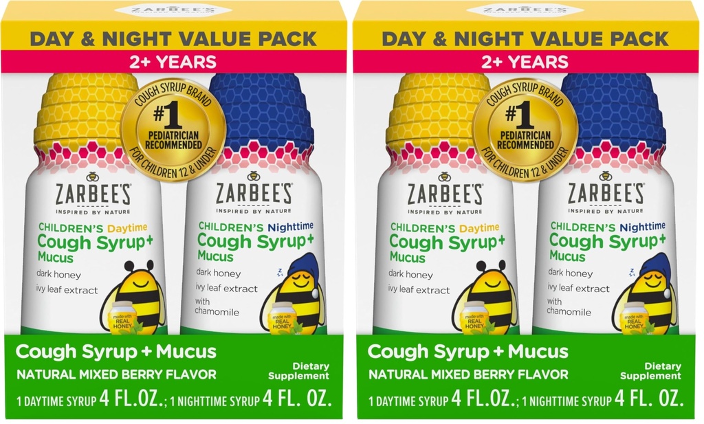 Zarbee ' s Children's Honning Cough Syrup + Mucus Day & Night Value Pack, dagtid & natttid Toddler Cough Syrup,Dark Honning,Ivy Leaf Extract,Chamomile,Mixed Berry Flavor,4 Fl Oz,(Pack of 4)