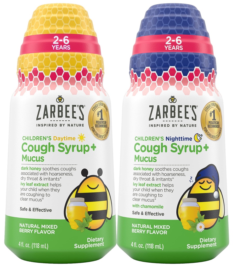 Bundle av Zarbees Kids Cough + Mucus dagtid og nattetid for barn 2-6 med mørk honning, Ivy Leaf, Sink & Elderberry, 1 Pediatrician Anbefalt, Drug & alkohol-fri, blandet Berry Flavor, 4FL Oz