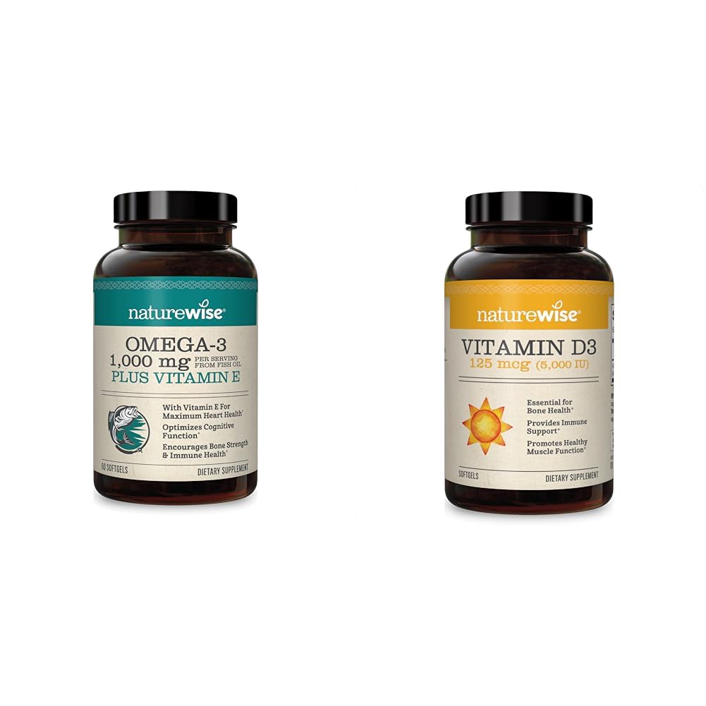 NatureWise høy potens 1000mg Omega 3 med 600mg EPA, 400mg DHA, & vitamin E & vitamin D3 5000iu (125mg) 1 års forsyning for sunn muskelfunksjon