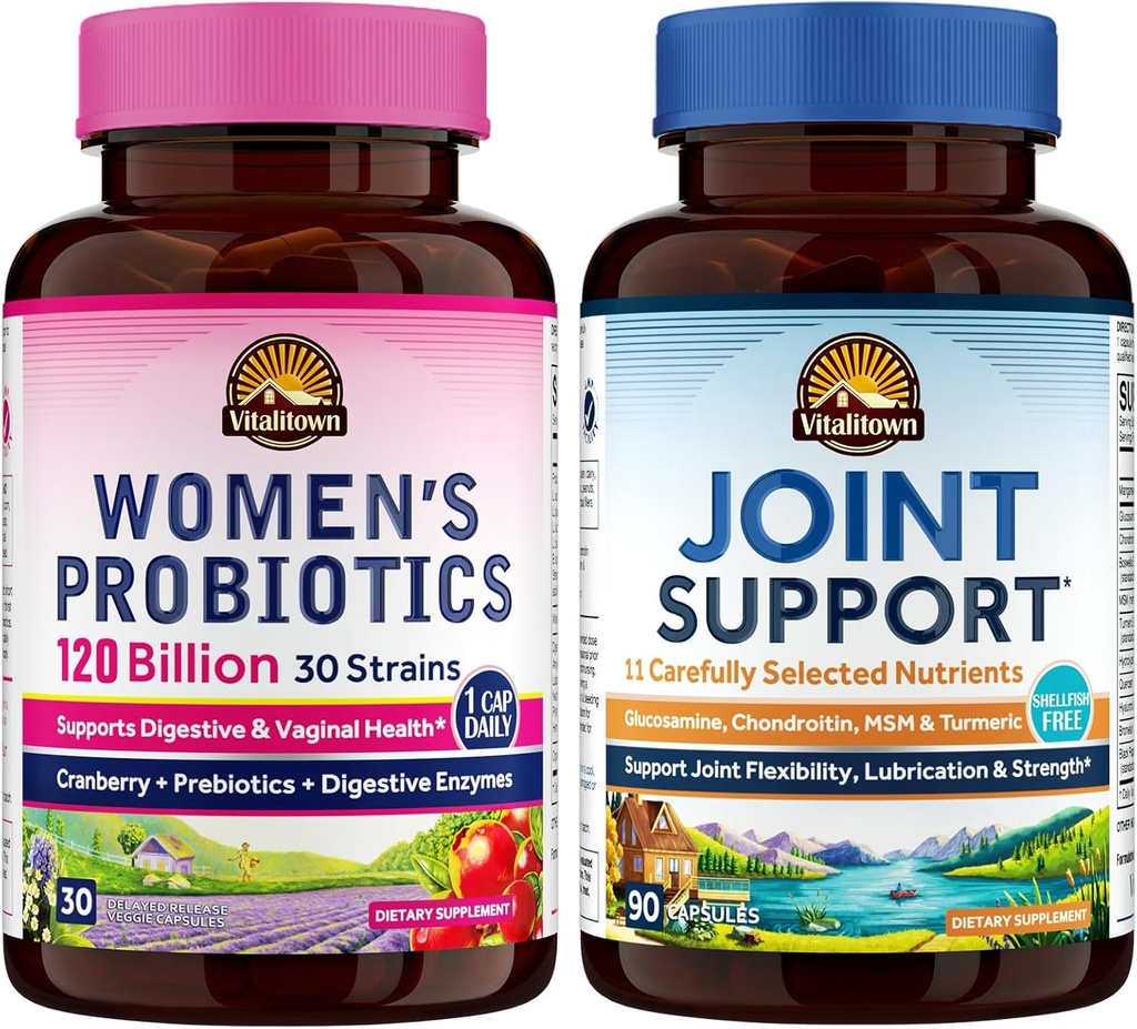 Vitalitown Women's Probiotic & Joint Support Bundle (Pack of 2) | Women's Probiotics 120 milliarder (Item 1) & Felles støtte (Item 2)
