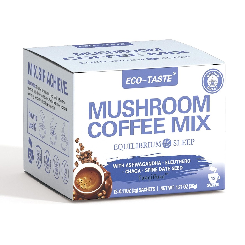 ECO-TASTE Mushroom kaffeblanding, designet for balanse med Ashwagandha, Eleuthero, Chaga, Spine dato frø – 12 Sachets