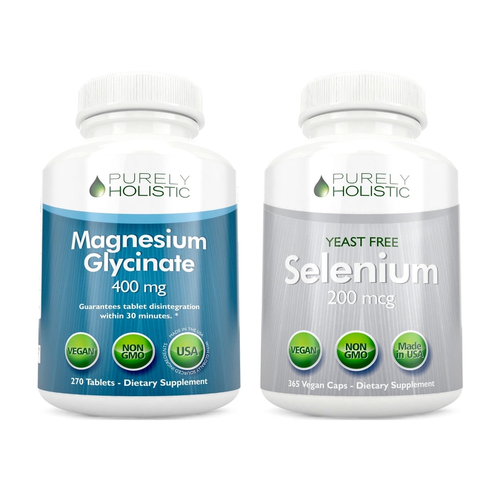 Magnesium Glycinate 400mg + Selenium 200mcg - Vegan Bundle - 270 tabletter og 365 kapsler - laget i USA