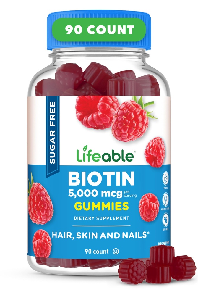 Livbar sukker Gratis Biotin Gummies | 5000mcg vitamin B7 | Great Tasting Biotin Supplement | for hårvekst, hud og negle helse | Hair Supplement for kvinner, menn, voksne | 90 Gummies