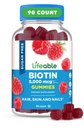 Livbar sukker Gratis Biotin Gummies | 5000mcg vitamin B7 | Great Tasting Biotin Supplement | for hårvekst, hud og negle helse | Hair Supplement for kvinner, menn, voksne | 90 Gummies