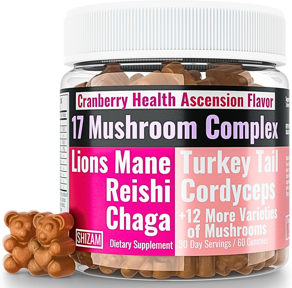 SHIZAM 17 Mushroom Complex Gummies for voksne Chaga Lions Mane Cordyceps Reishi Lion 's Mane Turkeytail Tyrkia Tail, bedre daglig kosttilskudd Alt for kapsler og pulver vitaminer Super-mat blanding 10