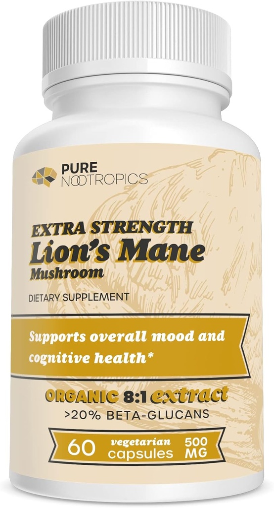 Pure Nootropics - Organic Lion's Mane 8:1 Mushroom 500 mg | Dual ekstrakt | 60 Vegetariske Caps | >20% beta-glucans | Hericium erinaceus | Hjernehelse