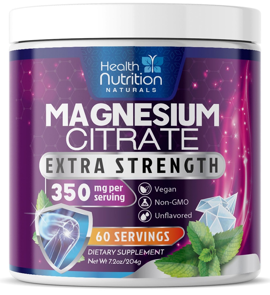 Magnesium Citrat Supplement 350mg - Magium Citrat Powder Drink Mix Unflavored - Mag Citrat & Aquamin Kosttilskudd for bein, hjerte og muskel støtte, sukkerfri, Glutenfri, Vegan - 60 Services