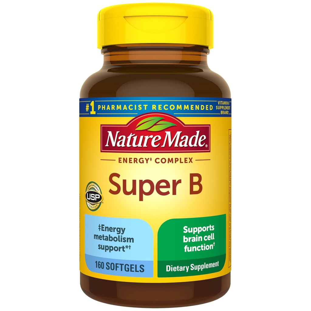 Natur laget Super B kompleks vitaminer for kvinner og menn, kosttilskudd for energimetabolisme støtte, Super Vitamin B kompleks, 160 Softgels, 160 dagers forsyning