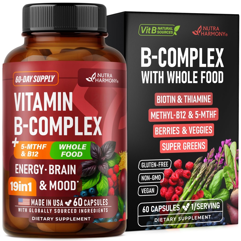 Vitamin B-kompleks - B1 B2 B3 B3 B5 B6 B6 Biotin B12 5-MTHF - Astragalus og hele matblanding - Energi, Metabolisme og hjerne - Vitaminer B for kvinner og menn - laget i USA - 60 Kapsler, 60 dagers forsyning