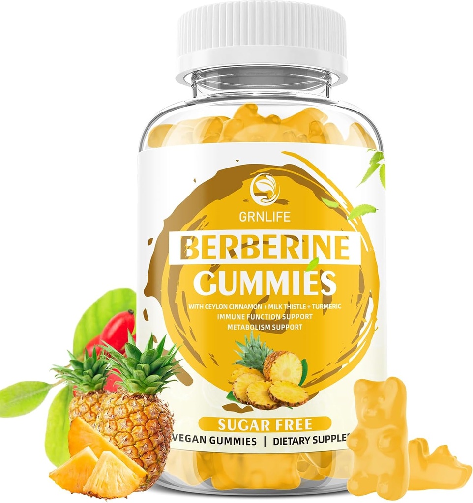 Berberine Gummies med Ceylon kanel 1500mg høy potens Berberine HCL Supplement for immun-og metabolisme støtte, sukkerfri, Pineapple Flavor - 60 Count