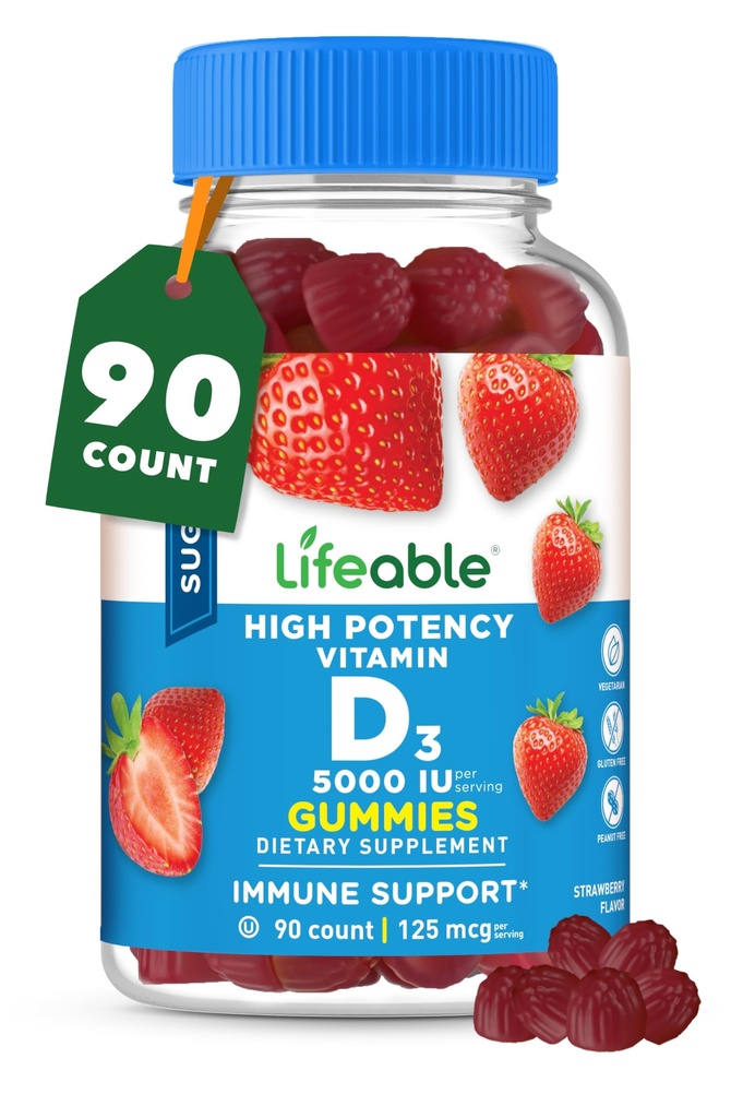 Livbar sukkerfri vitamin D 5000 IU - Great Tasting Natural Flavor Gummy Supplement - Glutenfri vegetarisk GMO-fri Chewable - for immunstøtte og bein helse - for voksne - 90 Gummies