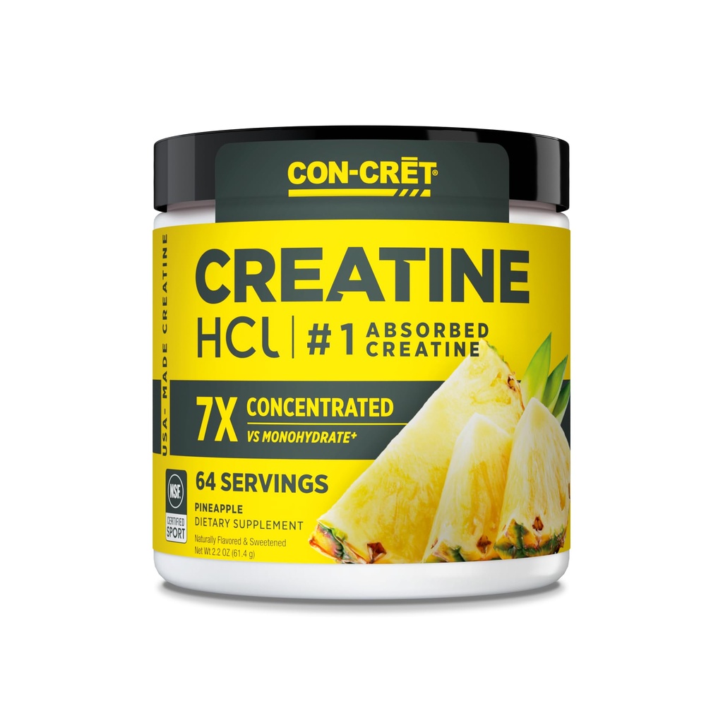 CON-CRET Kreatin HCl pulver | Muskel, Kognitiv, Cellulær energi støtte | No Bloating eller Cramps | USA laget & NSF sertifisert | Pineapple (64 Servering)
