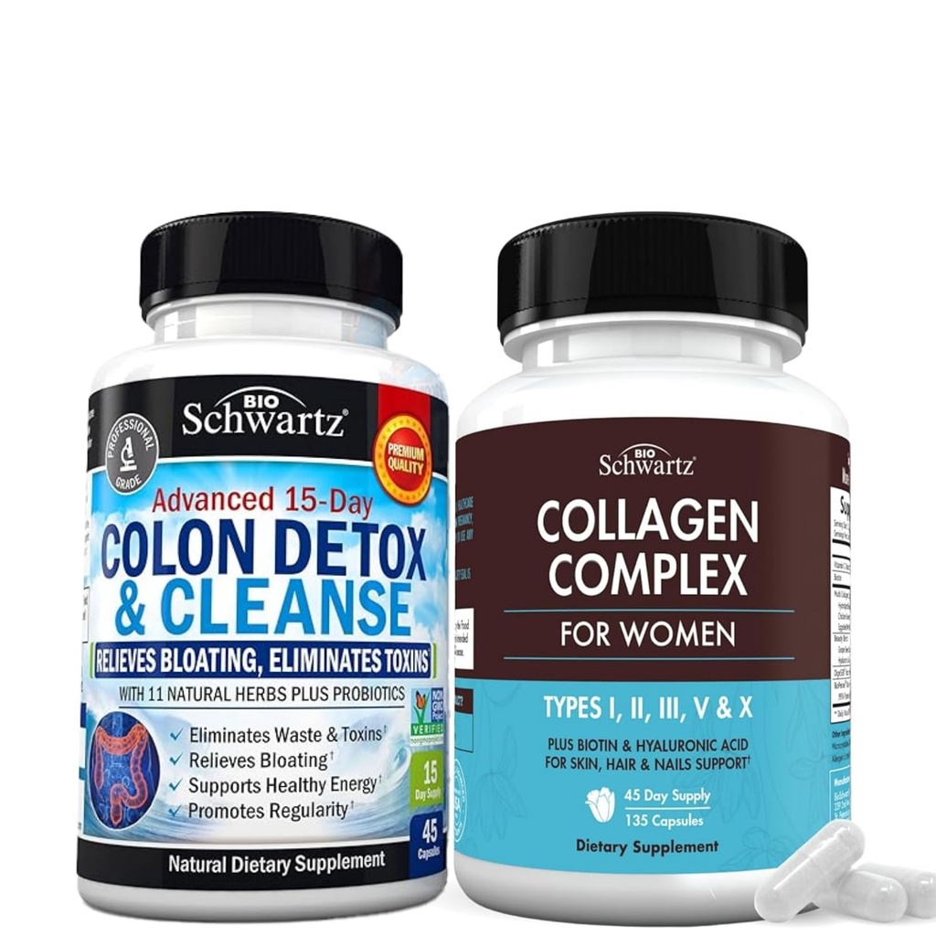BioSchwartz 15 dagers rensing for Colon og Gut Health Plus Hydrolysert Collage Peptid Capsules (45 dagers forsyning)