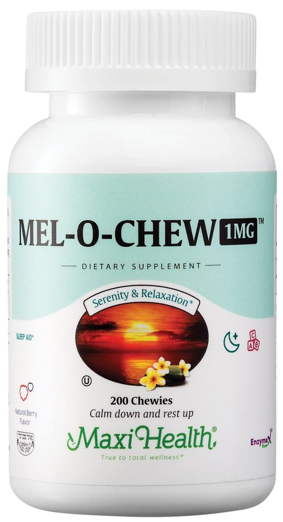 Maxi Health Melatonin 1mg Chewable - søvnhjelp Melatonin å oppmuntre til naturlig søvn - ikke-habit Forming Supplement med Enzymax for rask-virkende støtte Kosher (200 enheter)