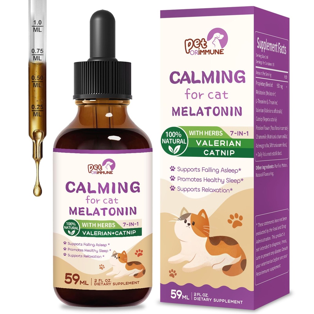 Katt Melatonin naturlig beroligende dråper, støtte fallende søvn og sunn søvn, Herbal ekstrahere relaxation Supplement med L-Theanine, Valerian, Catnip, Passion Blomster og Kamille. 2 oz