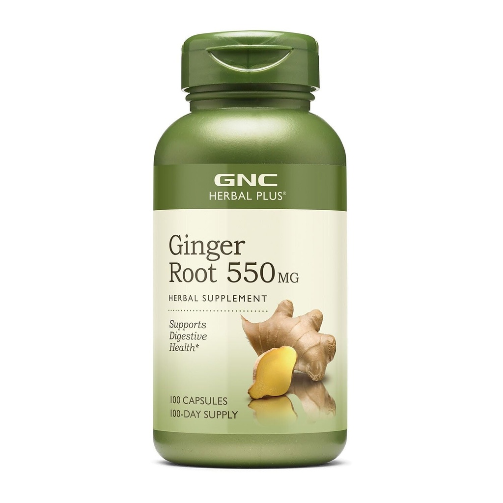 GNC Herbal Plus Ginger Root 550 mg Supplement, støtter Digestive helse, 100 serveringer