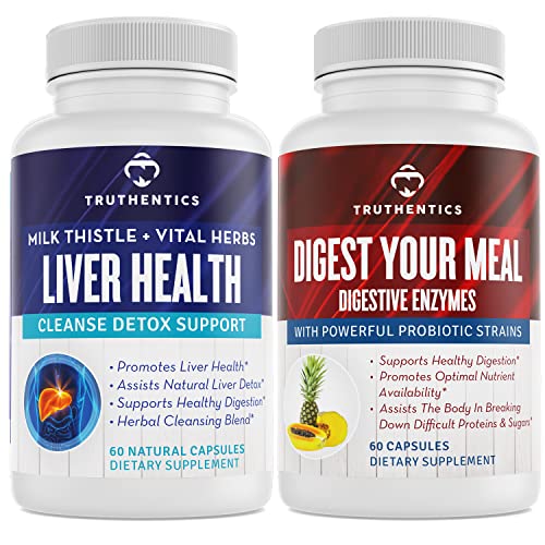 TRUTHENTICS Lever Helse og Digestive Enzymes Bundle - Støtte for Liver Cleanse Detox, Digestion, Nærende Absorpsjon, Av og til Gas og Bleating - Glutenfri, Ikke-GMO