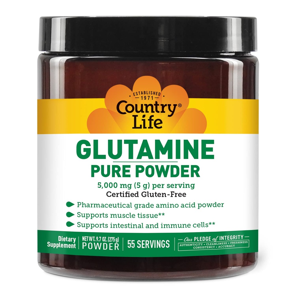 Country Life Glutamin ren pulver - 5000mg L-Glutamin - Muskelvev, Gut Helse, Immunstøtte - Glutenfri sertifisert - Ideell Pre/Post Trening Aminosyre Supplement, 55 Serveringer, 9,7oz