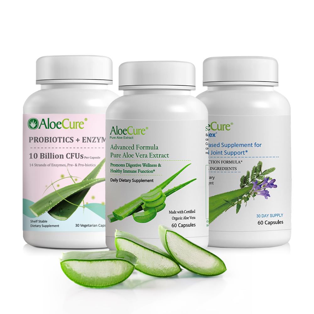 AloeCure Organic Aloe Vera Capsules Pack - 3 stykker - VeraFlex, Aloe Vera Capsules, Probiotika + Enzymes