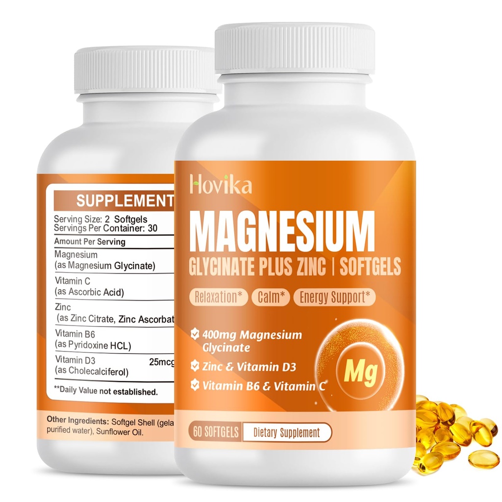 Magnesium Glycinate Supplement Softgels, Magnesium Glycinate 400 mg med sink, vitamin B6, C, D3, ren magnesium for søvn, rolig, muskel, energi, hjerte støtte - 60 vegansk kapsler for kvinner og menn