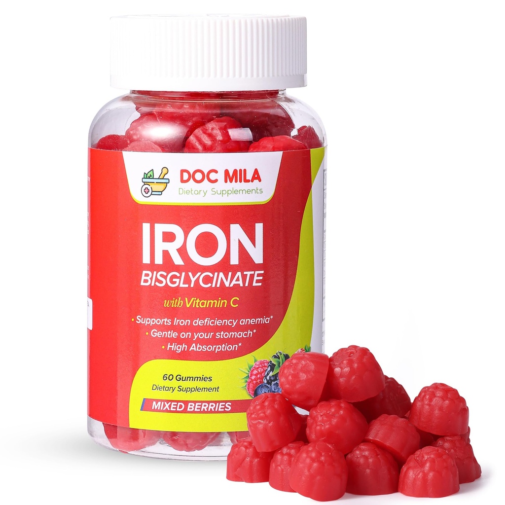 Jern Supplement for barn og voksne - Iron Bisglycinate Gummies 25mg med Liposomal VIT C - Chelated jern Supplement for kvinner og menn - 60 Gummies, 1 måneds Supply