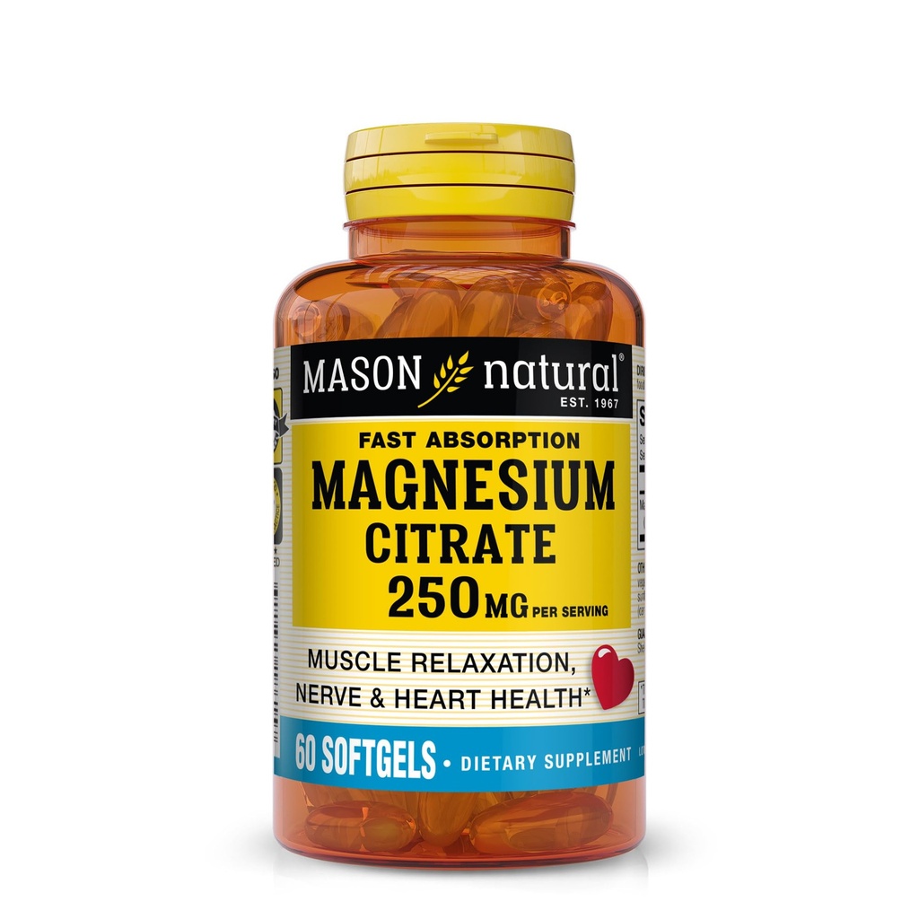 Mason Natural Magnesium Citrat 250 mg, rask absorpsjon Softgels, 30 dagers forsyning