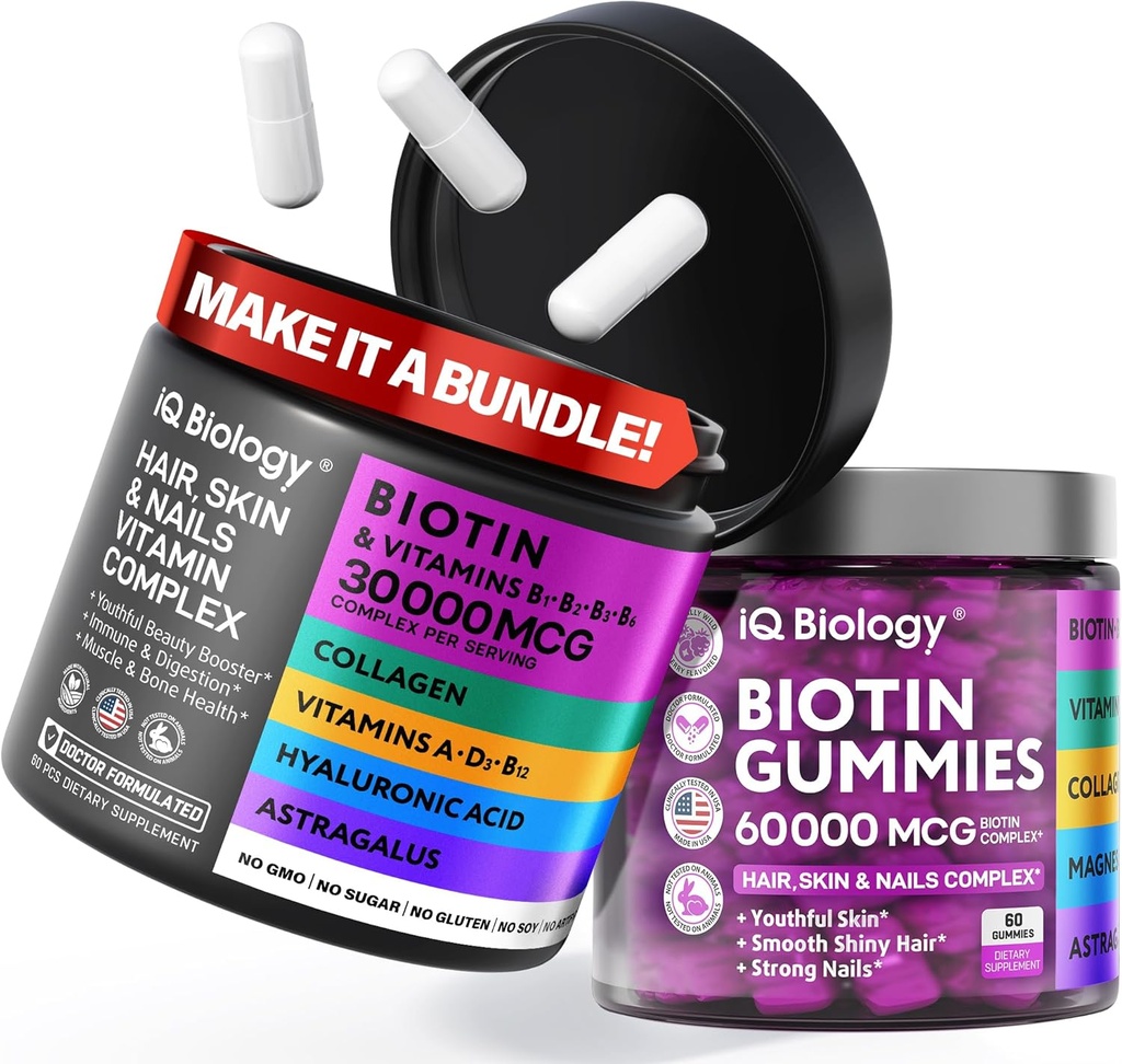 Biotin Hårvekst Bundle - Biotin Vitaminer & Keratin Kapsler + Hår Gummies med collagen & Astragalus - Håret Hud Nails Vitaminer for kvinner og menn ® 60 Caps + 60 Gummies