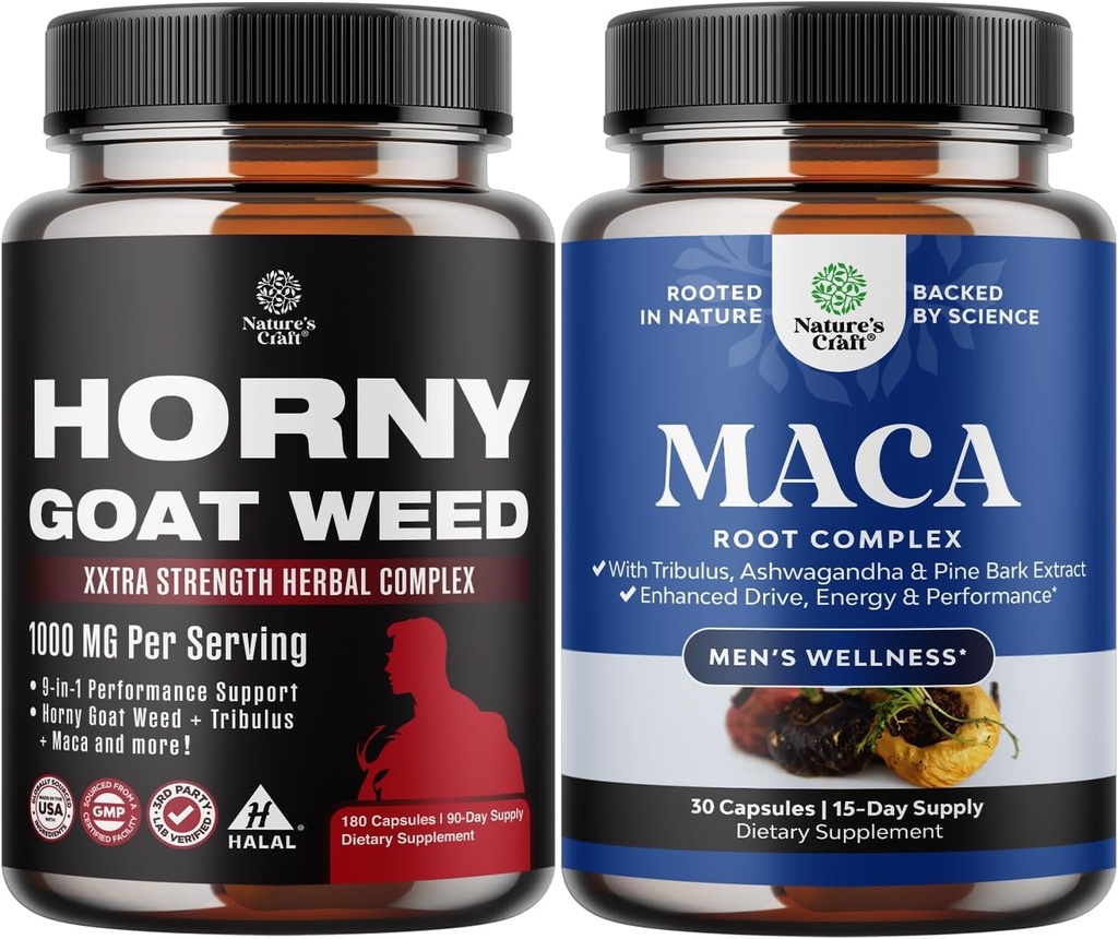 Bundle of Horny Goat Weed med svart Maca Root, Tongkat Ali, så Palmetto & Panax Ginseng Extract for Stamina & Energi og svart Maca Root med sibirsk Ginseng Ashwagandha - Menns velvære Supplement
